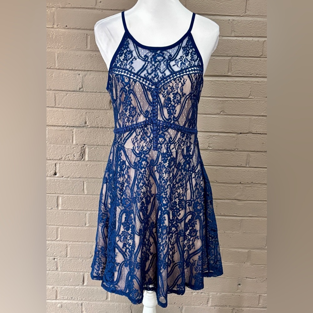 Francesca’s Art Deco blue lace overlay dress  M- L